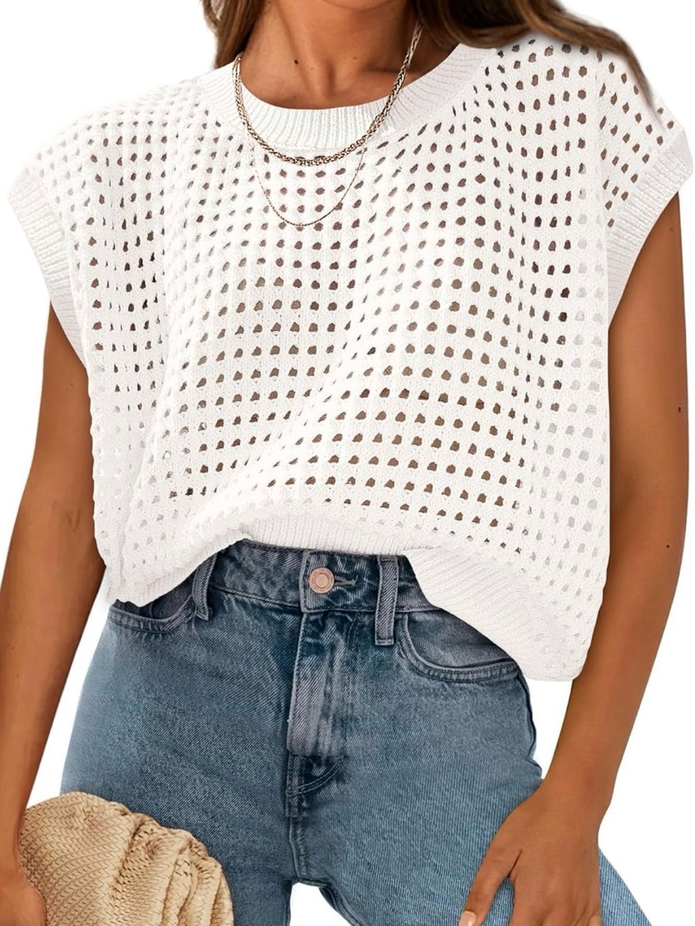 White Crochet Capped Sleeve Sweater Top XL